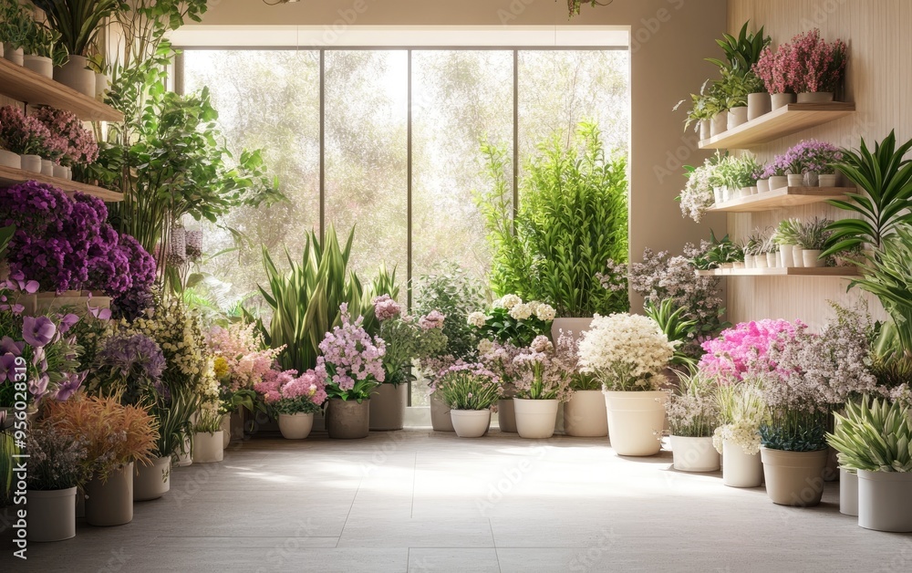 3D rendering of a flower shop showcasing potted plants and exotic blooms 3D rendering of a flower shop showcasing potted plants and exotic blooms