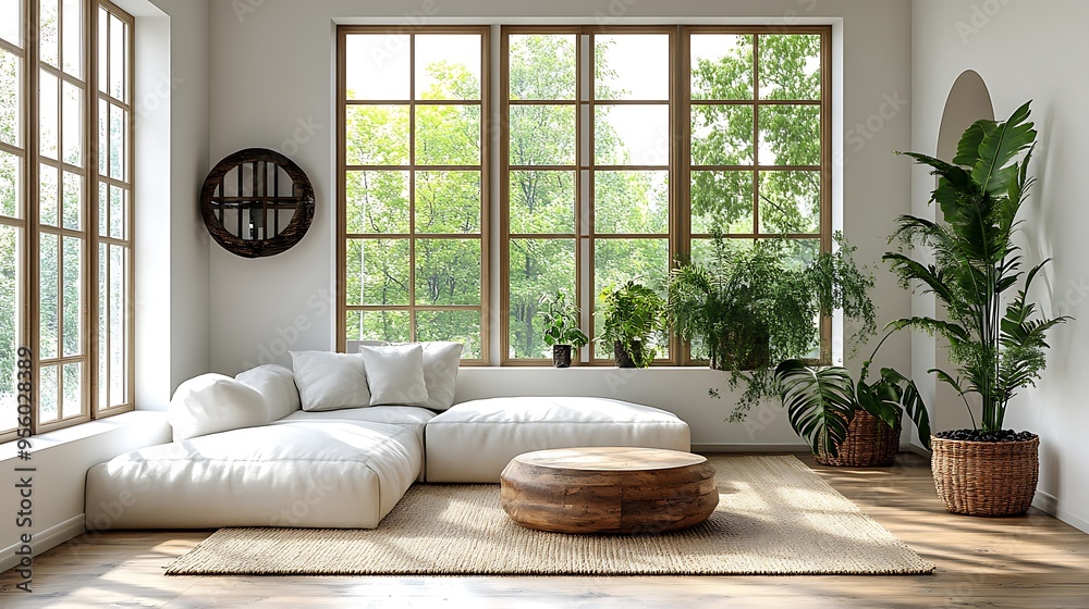 Minimalist Scandinavian living room, monochromatic white scheme with varying shades, sleek furniture, light wood flooring, large windows providing natural light, serene and inviting space, Minimalist Scandinavian living room, monochromatic white scheme with varying shades, sleek furniture, light wood flooring, large windows providing natural light, serene and inviting space,