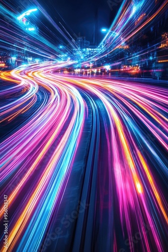 Line art illustration showcasing high speed light trails representing dynamic motion technology with a background of glowing neon blue lines