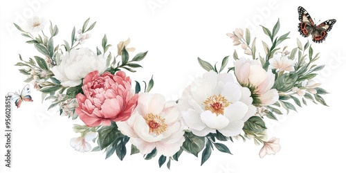 Fototapeta Naklejka Na Ścianę i Meble -  Watercolor Wreath Featuring White and Pink Peonies Butterflies and Greenery Vintage Botanical Illustration for Wedding Decor Isolated on White