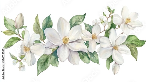 Fototapeta Naklejka Na Ścianę i Meble -  Watercolor illustration of white Yulania denudata with blooming Magnolia and Jasmine flowers