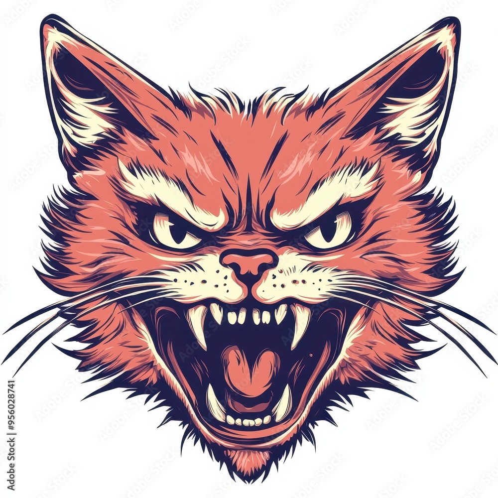 A fierce illustration of a cat's face, showcasing sharp teeth and intense eyes, perfect for design and art projects. A fierce illustration of a cat's face, showcasing sharp teeth and intense eyes, perfect for design and art projects.