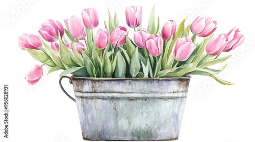 Wallpaper Mural Watercolor spring flowers featuring pink tulip bouquets in a rustic galvanized iron bucket suitable for Easter and Mother s Day greetings Torontodigital.ca
