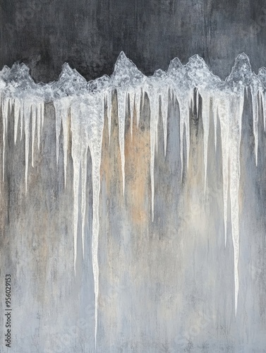 Oil painting depicting a wall adorned with clear sharp icicles
