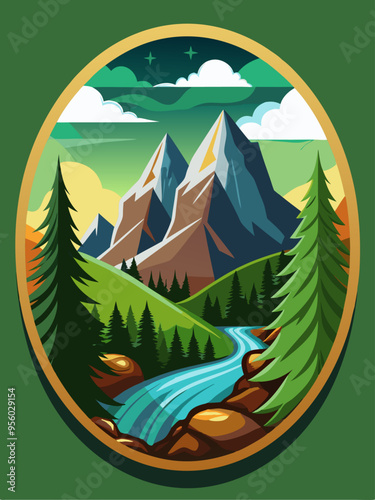 Mountain Landscape with Winding River and Pine Trees