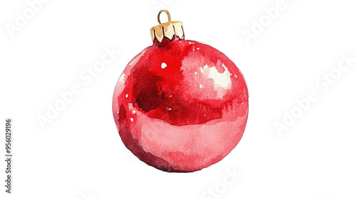 Single red christmas ball in watercolor clipart desig on transparent background, png 