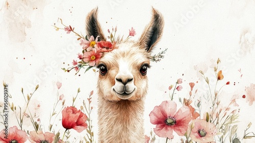 Fototapeta Naklejka Na Ścianę i Meble -  Whimsical watercolor illustration of an adorable llama adorned with flowers featuring a childlike design The print showcases wild animals on a white backdrop complemented by pink poppies perfect f