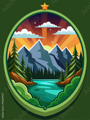 Scenic Mountain Lake at Sunset with Starry Sky and Golden Star