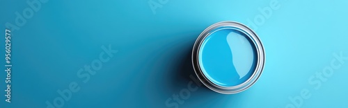 3D rendering of a repair image featuring a blue background with a blue paint can presented in a flat lay top view format with ample copy space