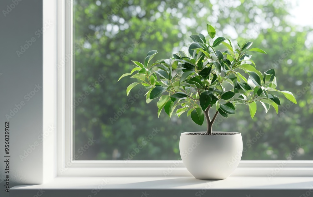 3D rendering of a potted young Ficus benjamina plant on a windowsill indoors 3D rendering of a potted young Ficus benjamina plant on a windowsill indoors