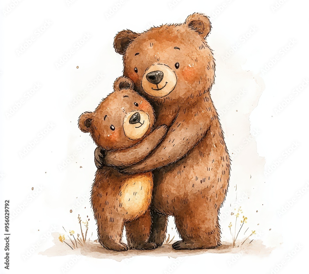 A heartwarming illustration of a mother bear hugging her cute cub in a gentle, natural setting. A heartwarming illustration of a mother bear hugging her cute cub in a gentle, natural setting.