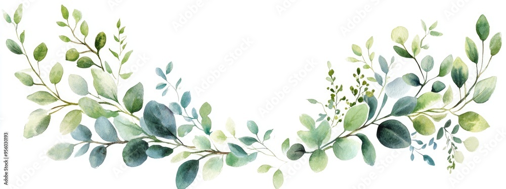 Watercolor wreath featuring hand painted eucalyptus leaves and botanical greenery Circular frame for wedding invitations Watercolor wreath featuring hand painted eucalyptus leaves and botanical greenery Circular frame for wedding invitations