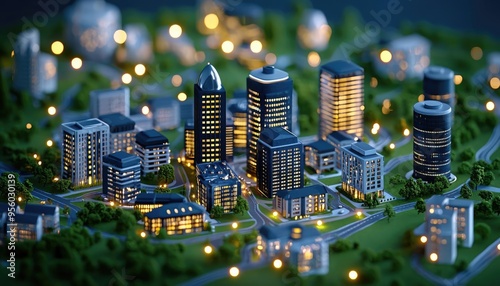 Urban planning with maps and development models, strategic and informative tones, space for text