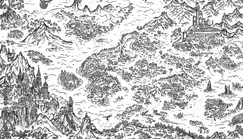 Line art illustration of a map featuring intricate details and design elements Line art illustration of a map featuring intricate details and design elements