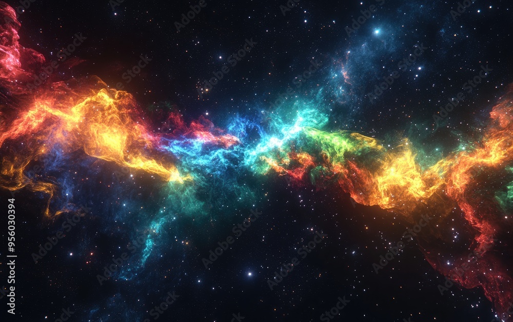 Fototapeta premium 8K illustration of a nebula in black green blue and red space created with 3D cartoon rendering