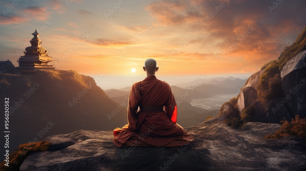 a buddha monk practice meditation on the top of a mountain at sunset, doing a seated posture with a beautiful landscape in the background. ,generative ai a buddha monk practice meditation on the top of a mountain at sunset, doing a seated posture with a beautiful landscape in the background. ,generative ai