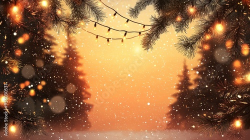 3h A christmas banner with warm color, fir tree, string of fairy light  photo