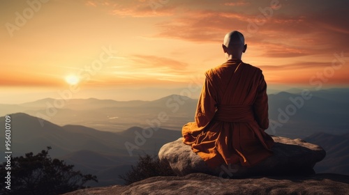 a buddha monk practice meditation on the top of a mountain at sunset, doing a seated posture with a beautiful landscape in the background. ,generative ai