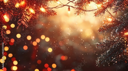 3h A christmas banner with warm color, fir tree, string of fairy light photo