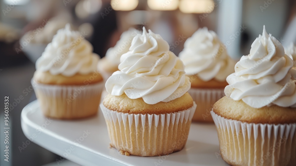 Vanilla Cupcakes with Whipped Cream Frosting - A row of freshly baked vanilla cupcakes topped with fluffy whipped cream frosting, displayed in a warm and inviting bakery setting. Vanilla Cupcakes with Whipped Cream Frosting - A row of freshly baked vanilla cupcakes topped with fluffy whipped cream frosting, displayed in a warm and inviting bakery setting.