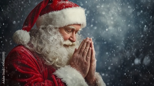 Santa Claus praying to God. HD Realistic. copy space. photo