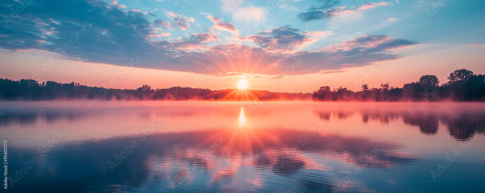 A breathtaking view of a misty lake bathed in the soft, warm colors of dawn. The sky is ablaze with shades of red, pink, and orange as the first light of the day reflects off the calm waters