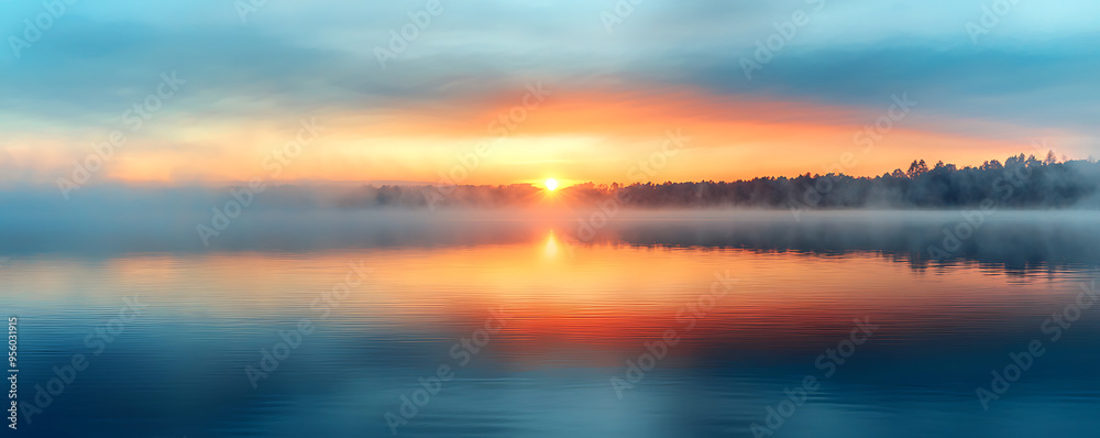 Fototapeta premium A breathtaking view of a misty lake bathed in the soft, warm colors of dawn. The sky is ablaze with shades of red, pink, and orange as the first light of the day reflects off the calm waters