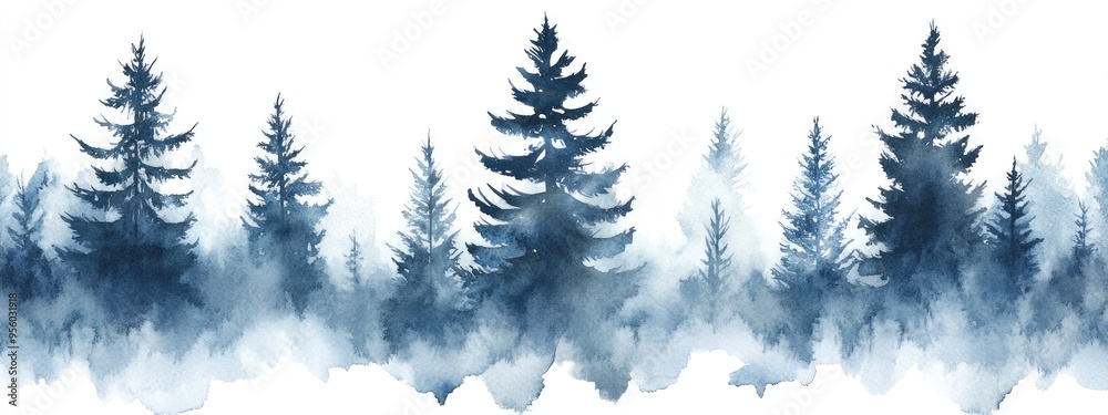 Fototapeta premium Watercolor misty forest illustration suitable for backgrounds or templates Hand painted design featuring blue pines Three distinct variations of forest landscapes on a white background