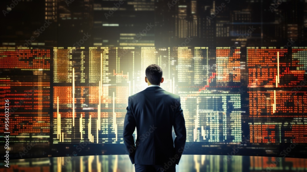 a businessman standing in front of a large projector screen of data chart of stock market,generative ai