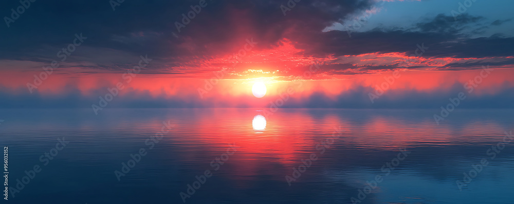 A breathtaking view of a misty lake bathed in the soft, warm colors of dawn. The sky is ablaze with shades of red, pink, and orange as the first light of the day reflects off the calm waters A breathtaking view of a misty lake bathed in the soft, warm colors of dawn. The sky is ablaze with shades of red, pink, and orange as the first light of the day reflects off the calm waters