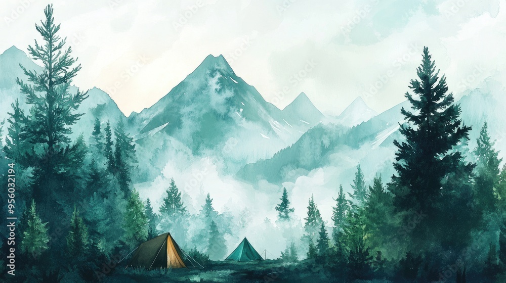 Fototapeta premium Watercolor travel themed background featuring a mountain scene camping elements a foggy forest hand drawn nature landscape clipart and printable art