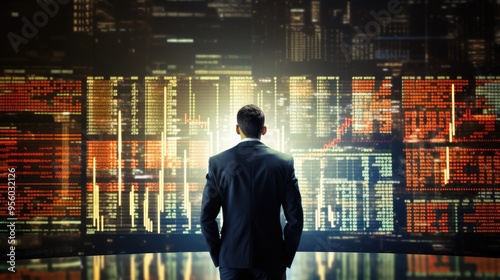 a businessman standing in front of a large projector screen of data chart of stock market,generative ai