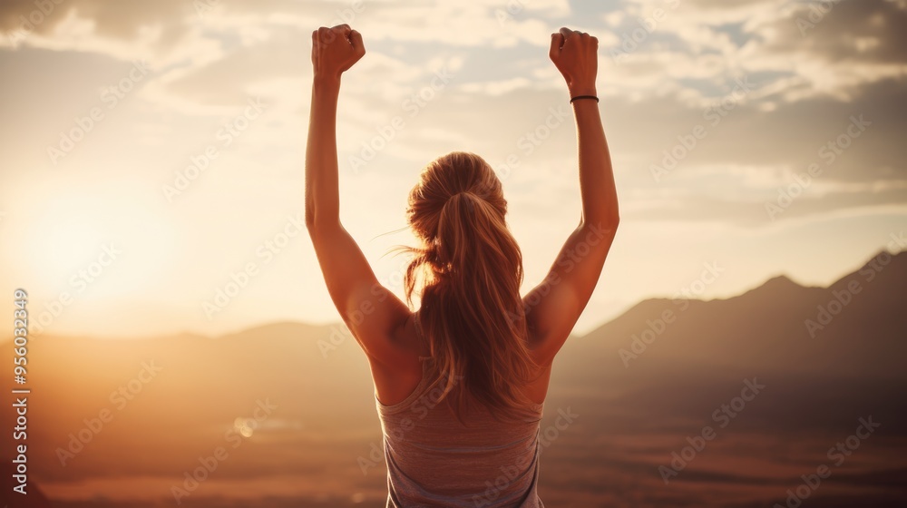Back view of strong motivated woman with raised arms, celebrating workout goals towards the sun ,generative ai Back view of strong motivated woman with raised arms, celebrating workout goals towards the sun ,generative ai