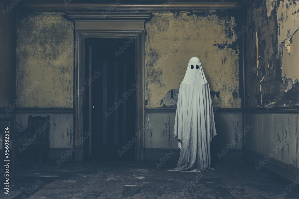 A ghost floating in front of an old wooden door.A ghost inside a spooky house A ghost floating in front of an old wooden door.A ghost inside a spooky house
