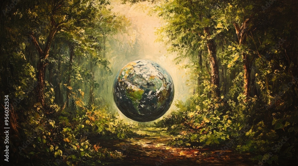 Naklejka premium Oil painting depicting an environmental theme featuring a globe within a lush green forest illuminated by sunlight