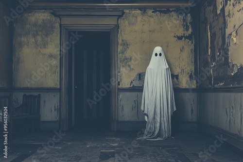 A ghost floating in front of an old wooden door.A ghost inside a spooky house photo