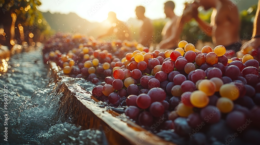 Fototapeta premium A dynamic scene of grape stomping, with several people pressing their feet into a large vat filled with ripe grapes, the vibrant colors of the grapes contrasting with the rustic wooden vat,