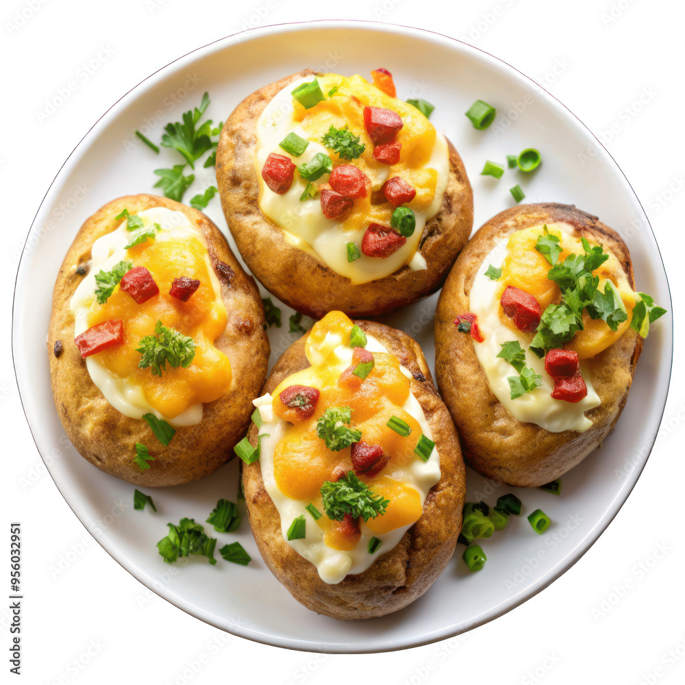 Baked Cheesy Loaded Potatoes on white plate top view isolated on transparent background Baked Cheesy Loaded Potatoes on white plate top view isolated on transparent background