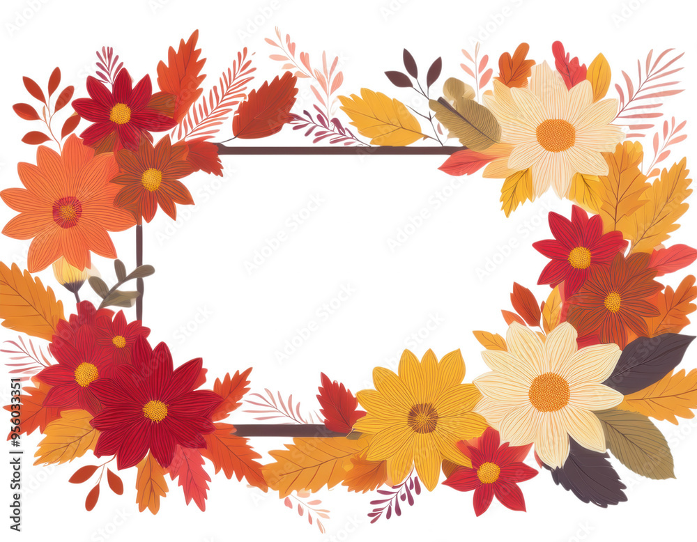 Wooden frame with autumn leaves and flowers, isolated on transparent background Wooden frame with autumn leaves and flowers, isolated on transparent background