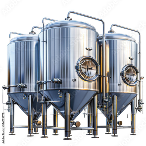 Three shiny stainless steel fermentation tanks equipped with pipes and valves, ideal for brewing and industrial applications. photo