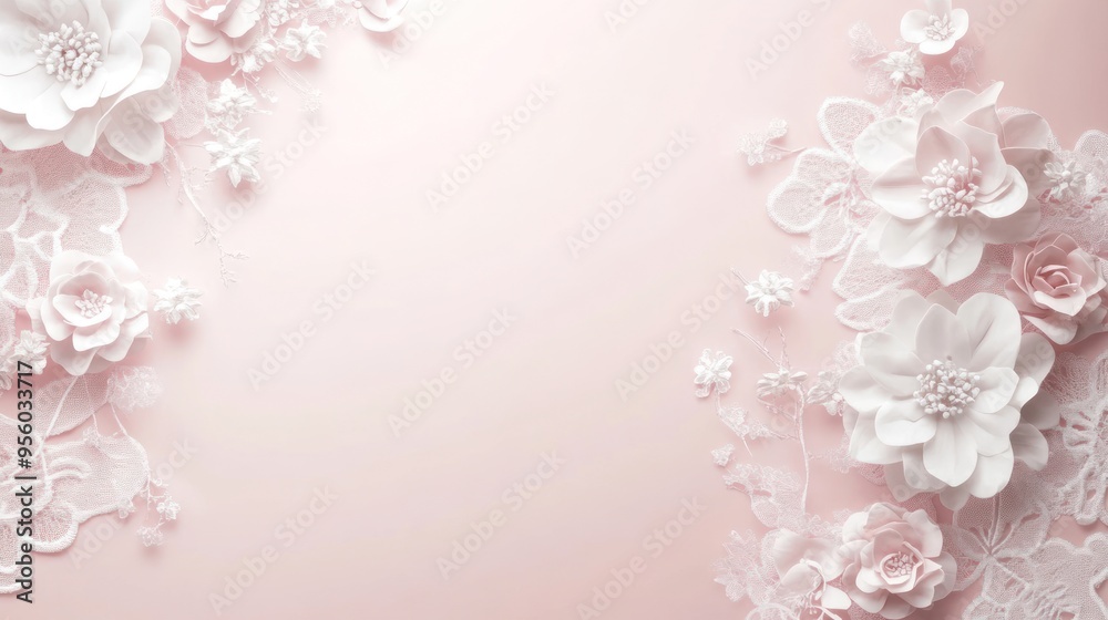 Delicate White Flowers and Lace on a Pink Background Delicate White Flowers and Lace on a Pink Background