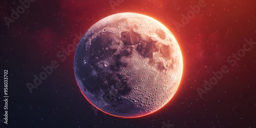 Gorgeous close up illustration of the moon in 3D cartoon style showcasing more than half of the planet with a red hue