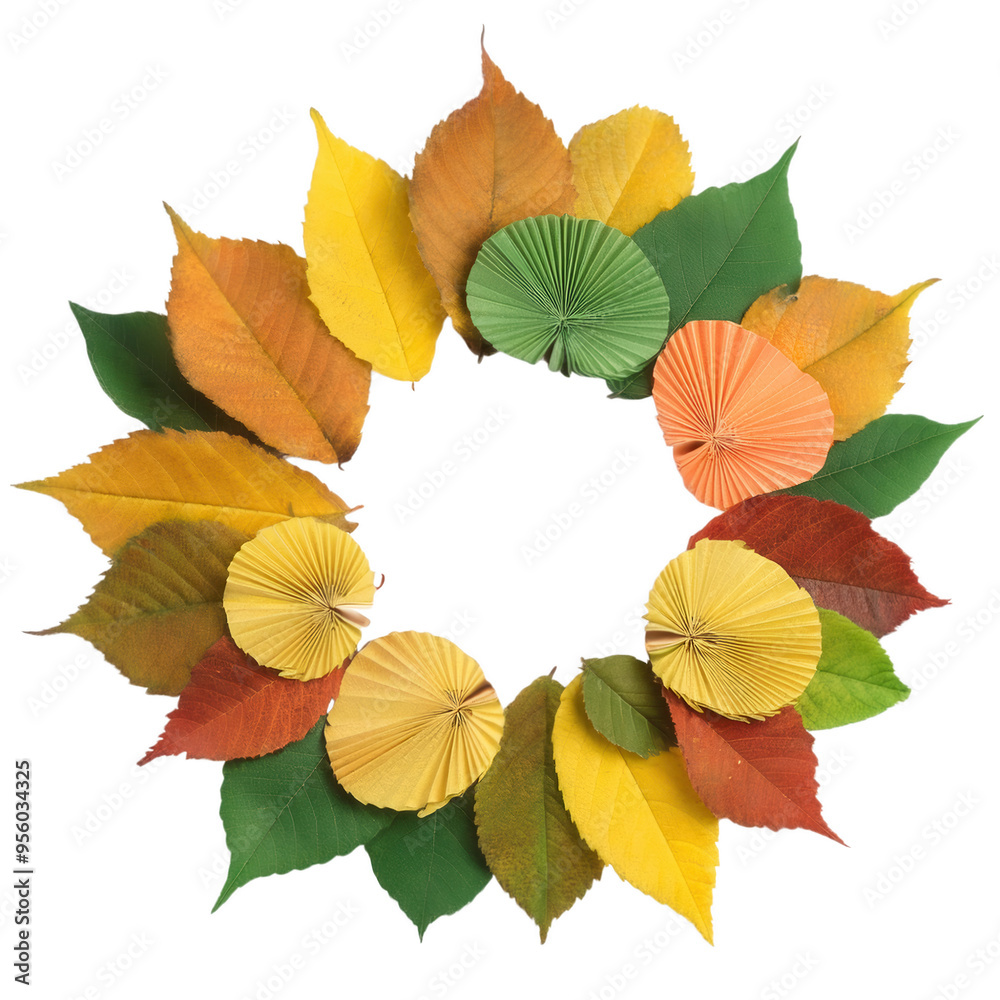 Fototapeta premium Wreath of autumn flowers and leaves, isolated on transparent background