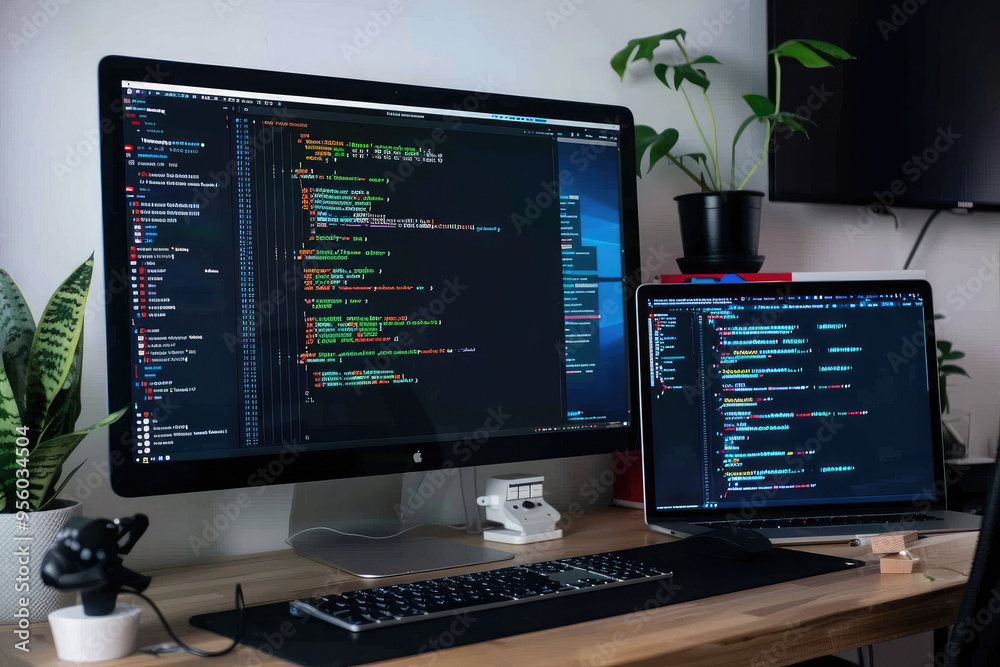 The computer monitor is displaying a lot of code The computer monitor is displaying a lot of code