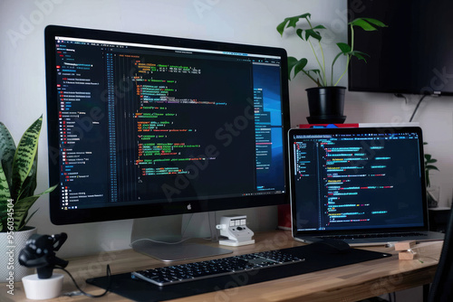 The computer monitor is displaying a lot of code