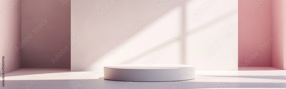 Abstract minimalistic scene featuring a geometric cylinder platform 3D rendering on a white background with a pedestal designed for showcasing cosmetic products Modern stage display in a pastel gr