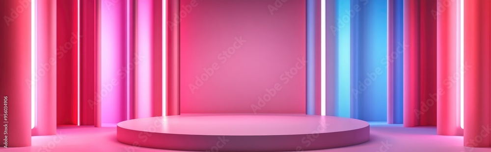 Pink podium set in a pink room with illuminated wall features 3D rendering Pink podium set in a pink room with illuminated wall features 3D rendering