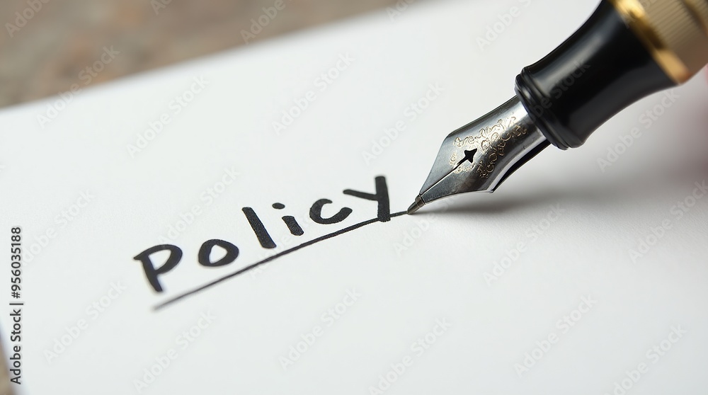 Fountain pen writing the word policy on white paper Fountain pen writing the word policy on white paper