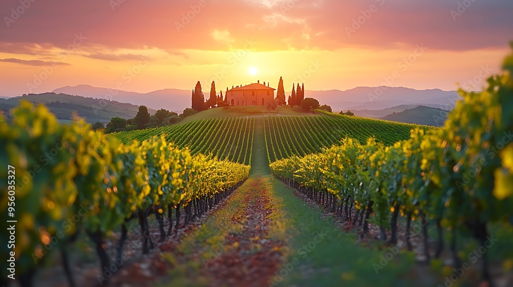 Fototapeta premium A panoramic view of a vineyard at sunset, the grapevines illuminated by the golden light, with a distant farmhouse nestled among the hills, the sky transitioning from orange to purple,