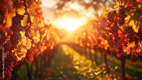 A peaceful vineyard during autumn, with the grapevines adorned in fiery red and orange leaves, contrasting with the green grass below, the scene bathed in soft, golden light,